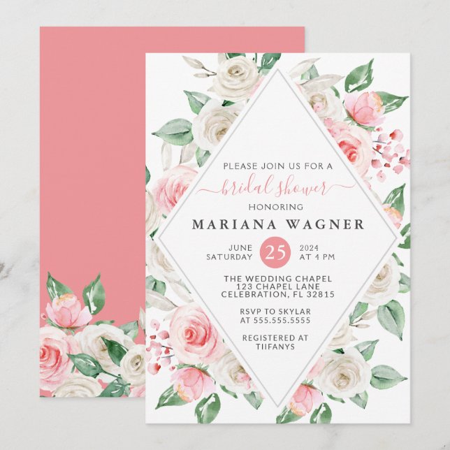 Peach Blush Pink Floral Brautparty Einladung (Vorne/Hinten)