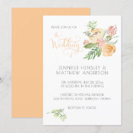 Peach Blush Pink Gold Aquarellfarben Blumenzehen | Einladung
