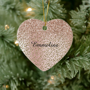 Peach Blush Rose Gold Glitzer Leopard Druckname Keramik Ornament