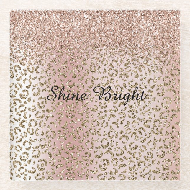 Peach Blush Rose Gold Glitzer Leopard Print Glasuntersetzer (Vorderseite)