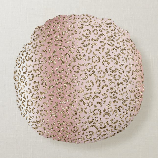 Peach Blush Rose Gold Glitzer Leopard Print Rundes Kissen (Vorderseite)