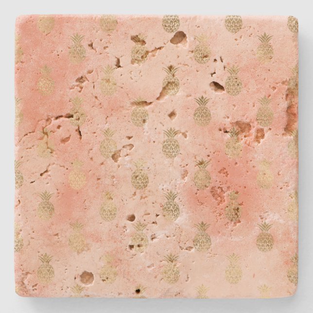 Peach Blush Tropical Gold Ananas Steinuntersetzer (Vorderseite)
