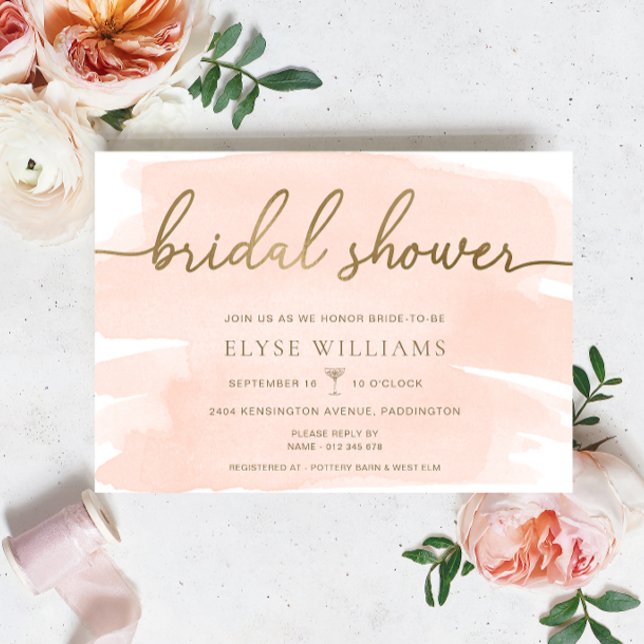 Peach Blush Watercolor Gold Brautparty Einladung (Bridal Shower Invitation Cream Watercolour Gold )