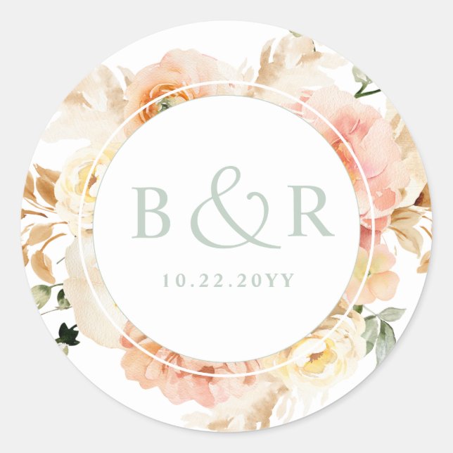 Peach, Blush with Sage Wedding Envelope / Gefallen Runder Aufkleber (Vorderseite)