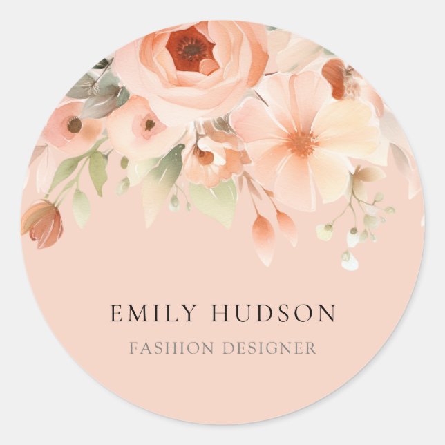 Peach Boho Floral Business Runder Aufkleber (Vorderseite)