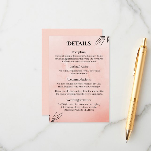  Peach Botanical Wedding Details Card Begleitkarte (Vorderseite/Rückseite Beispiel)