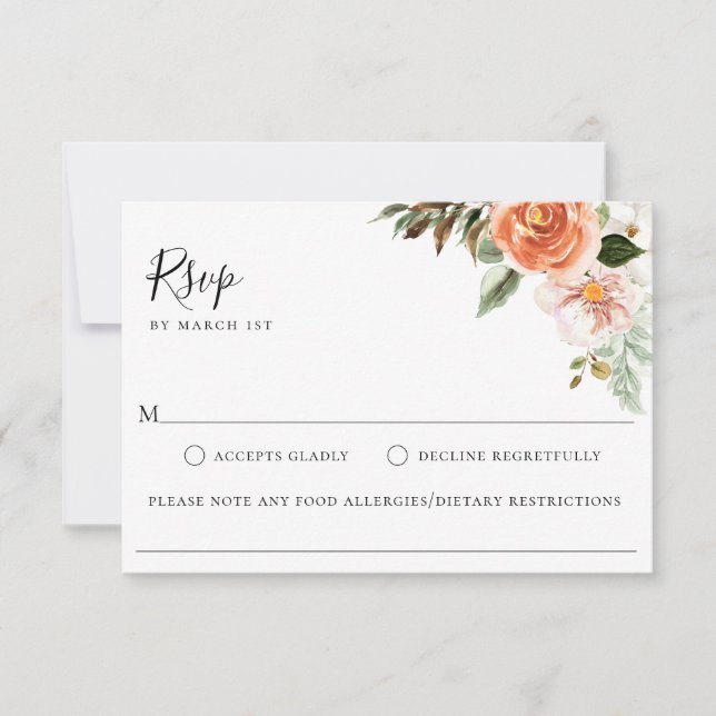 Peach Botanical Wedding Food Allergy RSVP Card (Vorderseite)