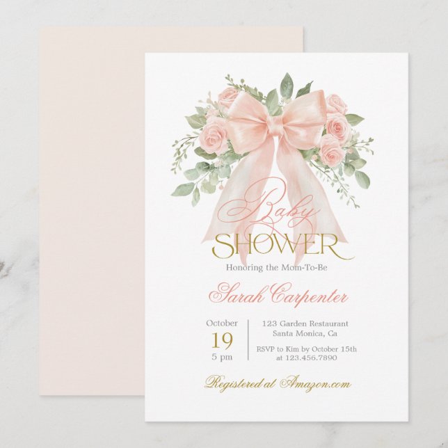 Peach Bow Baby Shower Girl Einladung (Vorne/Hinten)