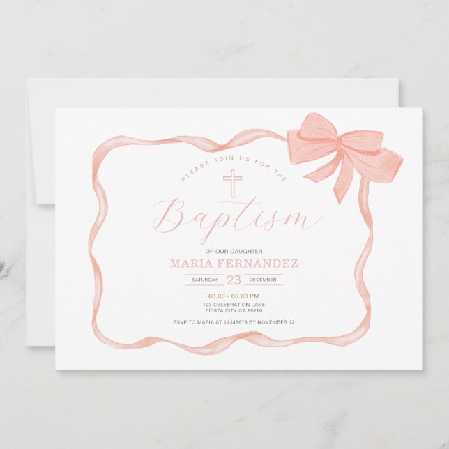 Peach Bow Christening Invitation (Devant)