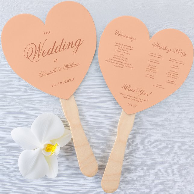 Peach Brown Wedding Program Simple Heart Script Fächer (Von Creator hochgeladen)