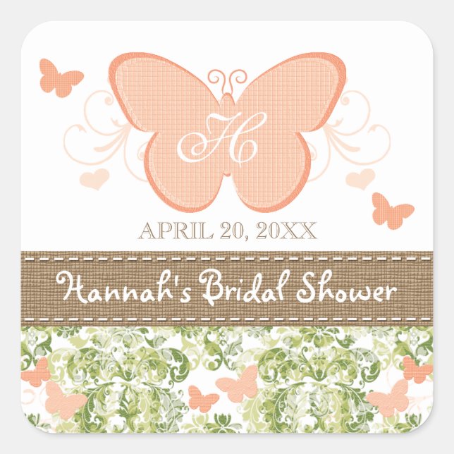 PEACH BUTTERFLY BRIDAL POLTERABEND FAVOR ETIKETTEN QUADRATISCHER AUFKLEBER (Vorderseite)