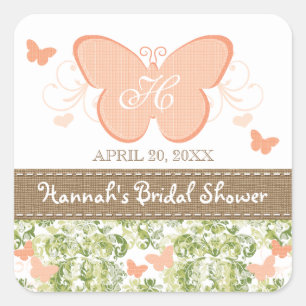PEACH BUTTERFLY BRIDAL POLTERABEND FAVOR ETIKETTEN QUADRATISCHER AUFKLEBER