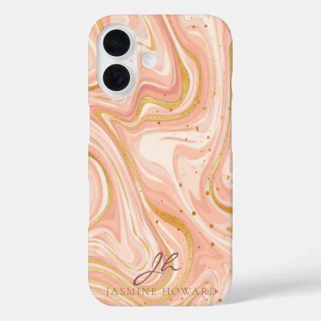 Peach Cake Marble Gold Glitzer individuell anpassb iPhone 16 Hülle (Rückseite)