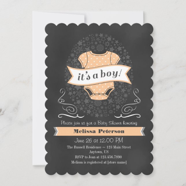 Peach Chalkboard Boy Baby Showeinladung Einladung (Vorderseite)