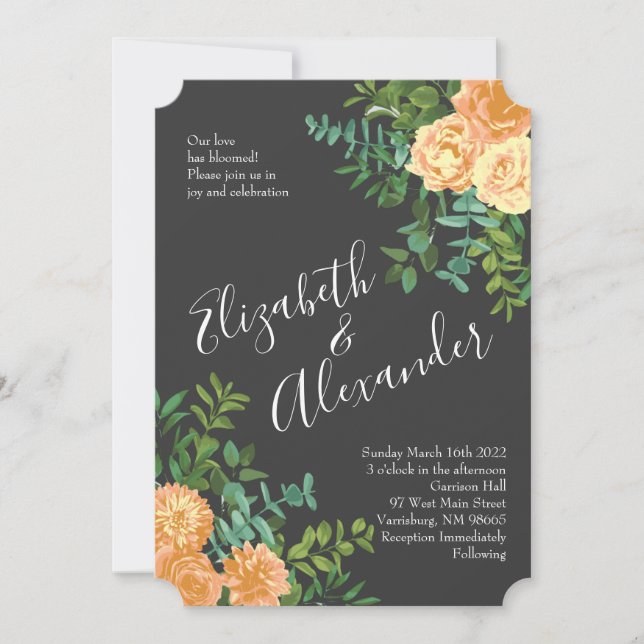 Peach Charcoal Gray Peony & Rose Blumenhochzeit Einladung (Vorderseite)