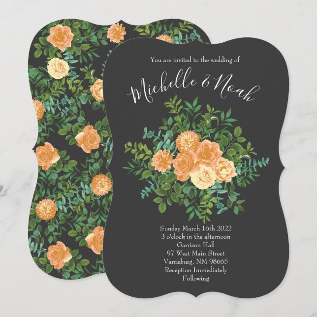 Peach & Charcoal, Gray Peony & Rose Blumenhochzeit Einladung (Vorne/Hinten)