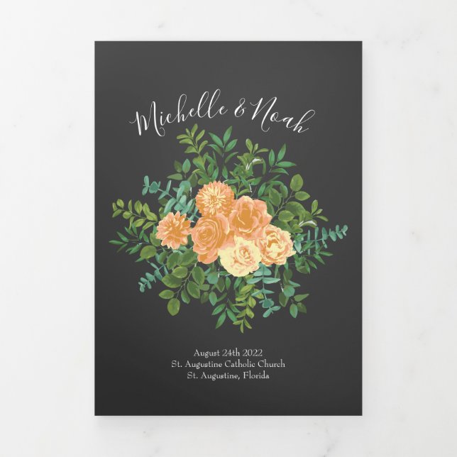 Peach Charcoal Grey Peony Rose Wedding Programmes (Page de couverture)