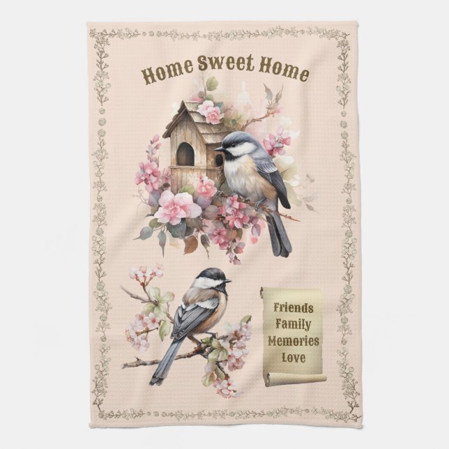 Peach Chickadee Zuhause Sweet Zuhause Geschirrtuch (Vertikal)