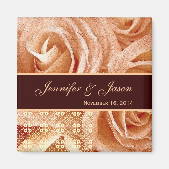 Peach & Chocolate Wedding Lace Rose Bouquet Magnet (Vorne)