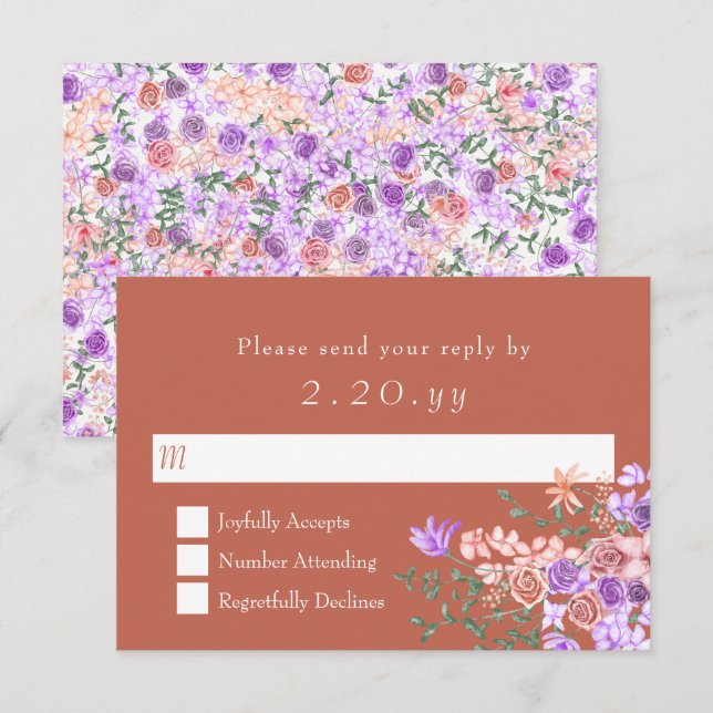 Peach, Clay, Lilac Rose Bouquet Wedding RSVP Card (Vorne/Hinten)