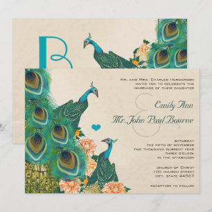 Peach Coral Apricot Peony Birdcage Peacock Wedding Einladung