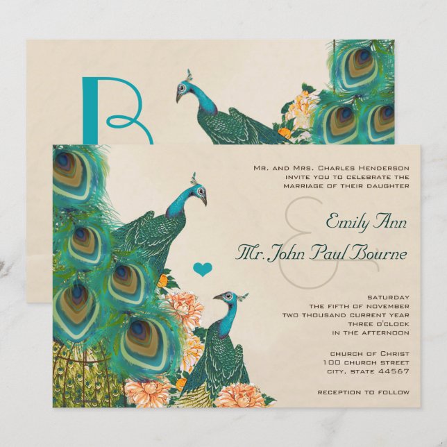 Peach Coral Apricot Peony Birdcage Peacock Wedding Einladung (Vorne/Hinten)