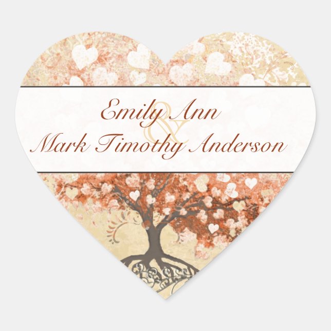 Peach Coral Heart Leaf Hochzeitsticker Herz-Aufkleber (Vorderseite)