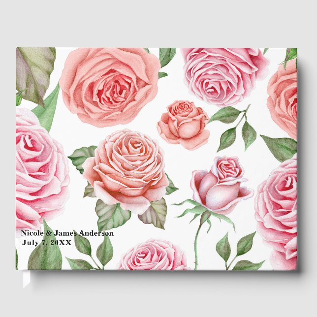 Peach Coral Pink Roses Grüne Blätter Hochzeit Gästebuch (Vorderseite)
