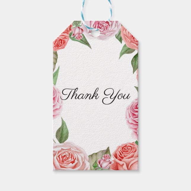 Peach Coral Pink Roses Grüne Blätter Hochzeit Geschenkanhänger (Vorderseite)