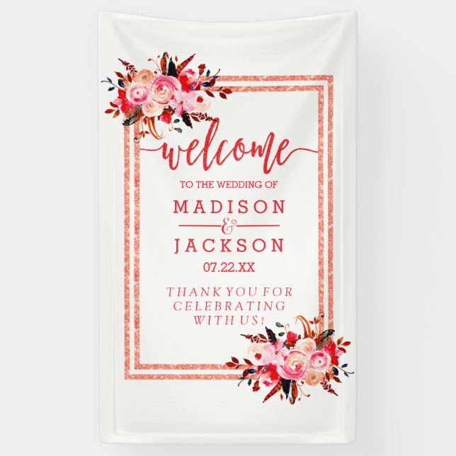 Peach & Coral Watercolor Blumenhochzeit Willkommen Banner (Vertikal)