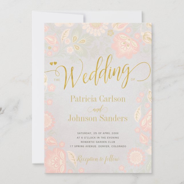 Peach Cream and Blush Spring Gold Script Hochzeit Einladung (Vorderseite)