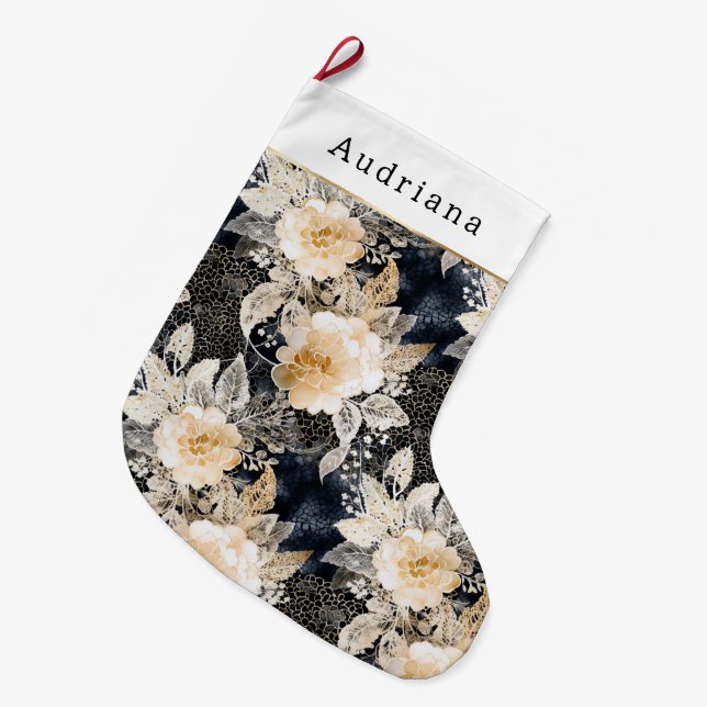 Peach Cream Black Floral Christmas Großer Weihnachtsstrumpf (Vorderansicht (hängend))