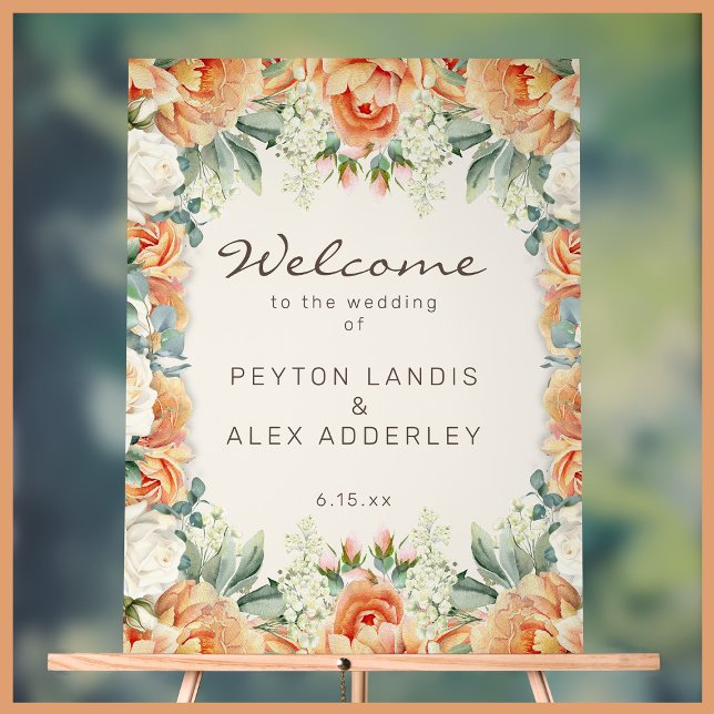 Peach Cream Floral Eucalyptus Mariage Bienvenue (Elegant peach and cream-colored watercolor floral acrylic wedding welcome sign)