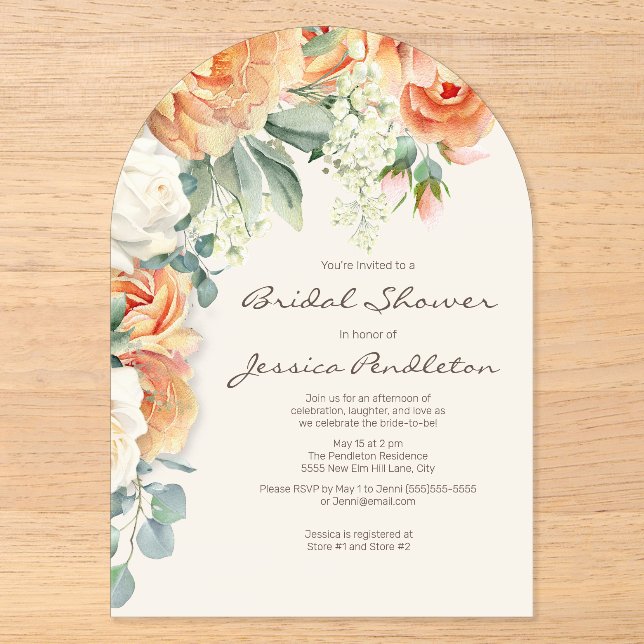 Peach Cream Floral Eukalyptus Brautparty Acryleinladungen (Vorderseite)