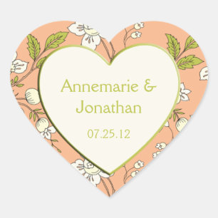 Peach Cream Green Blume Hochzeitsticker Herz-Aufkleber