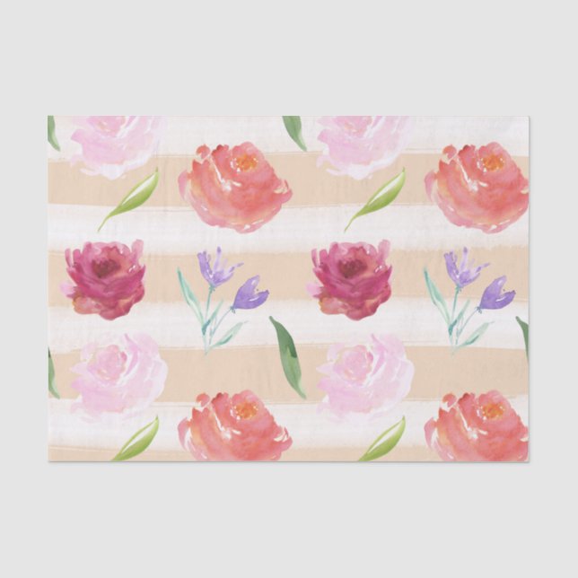 Peach Cream Stripes Wasserfarbene Blume Seidenpapier (Vorderseite)