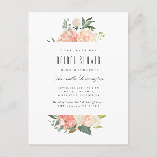 Peach & Cream Watercolor Brautparty Einladungspostkarte (Vorderseite)