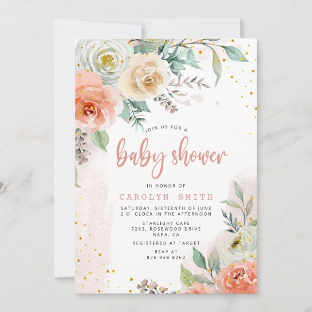 Peach Cream White Roses Floral Gold Baby Dusche Einladung (Vorderseite)