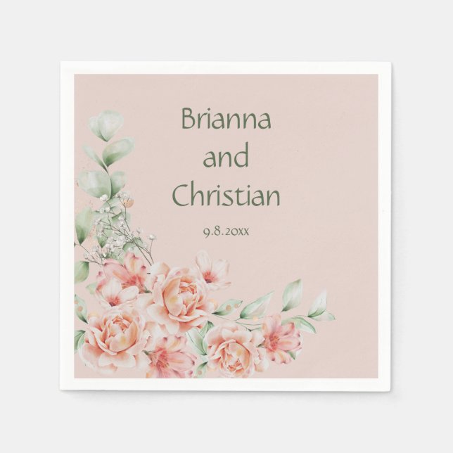 Peach Creme and Sage Green Romantic Floral Garden Serviette (Vorderseite)