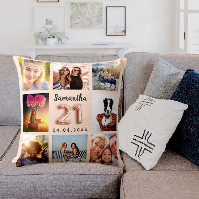 Peach Creme Foto Collage 21. Geburtstag Kissen (Von Creator hochgeladen)
