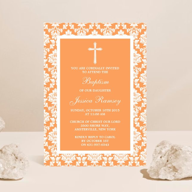 Peach Damask Cross Taufen oder Christening Einladung (Von Creator hochgeladen)