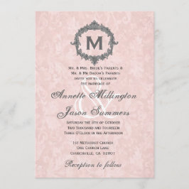Peach Damask Gray Vintage Frame Monogram Wedding Einladung