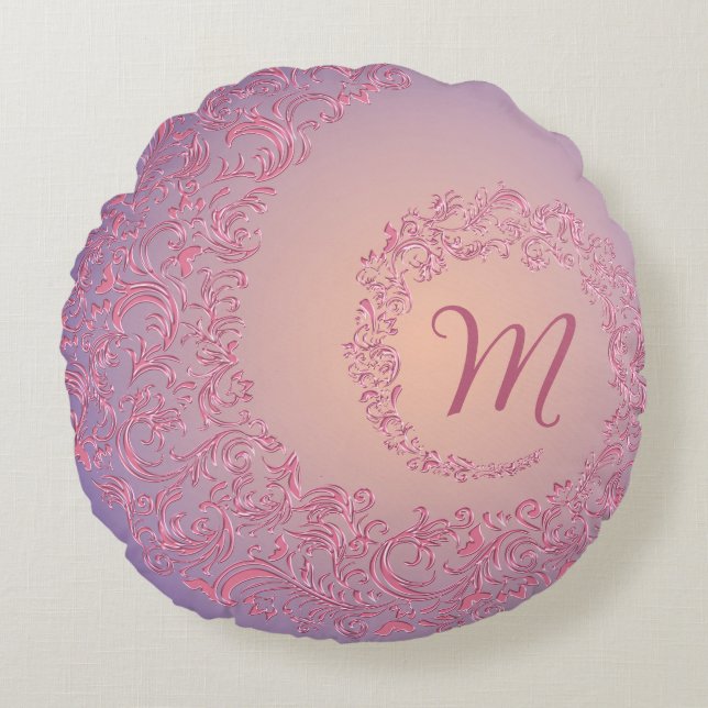Peach Damask Monogram Rundes Kissen (Vorderseite)