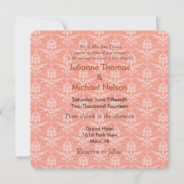 Peach Damask Wedding Einladung (Vorderseite)