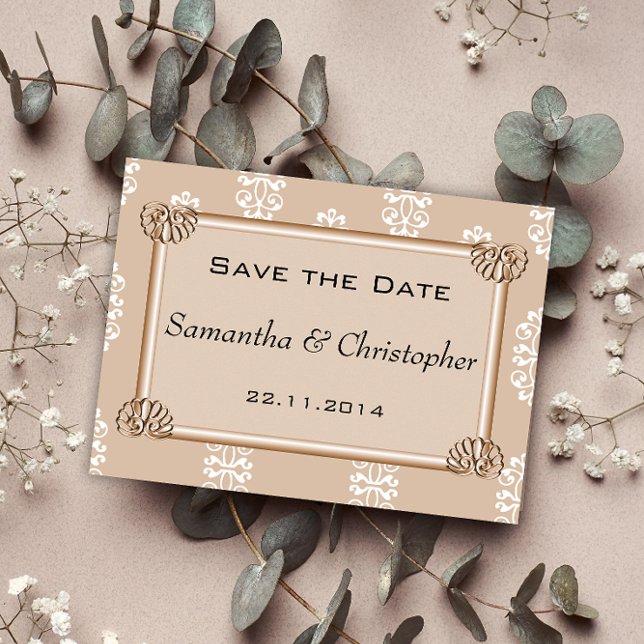 Peach Damask Wedding Save the Date Ankündigungspostkarte (Von Creator hochgeladen)