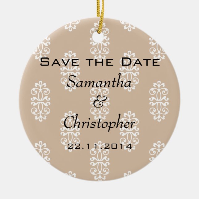 Peach Damask Wedding Save the Date Keramikornament (Vorne)