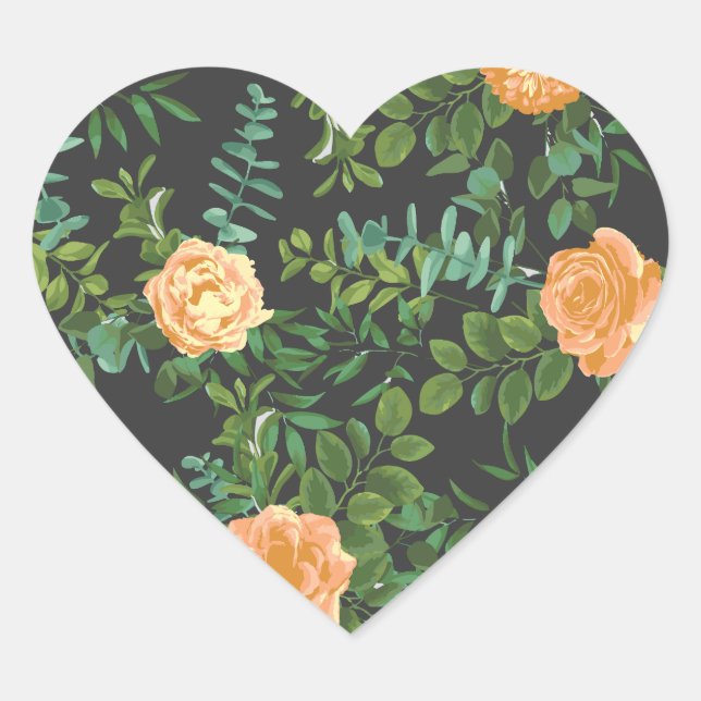 Peach Dark Gray Wedding Rose Bloral Herz-Aufkleber (Vorderseite)