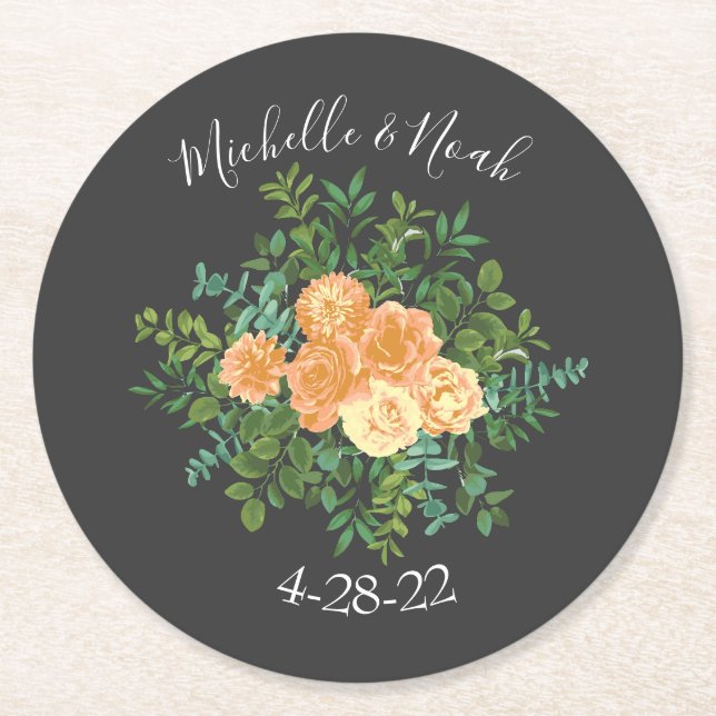 Peach Dark Gray Wedding Rose Bloral Runder Pappuntersetzer (Vorderseite)