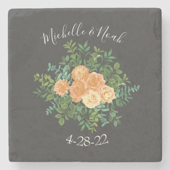 Peach Dark Gray Wedding Rose Bloral Steinuntersetzer (Vorderseite)
