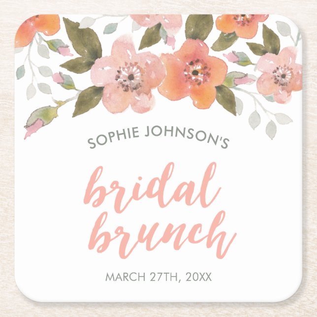 Peach Delicate Floral Brautparty Rechteckiger Pappuntersetzer (Vorderseite)